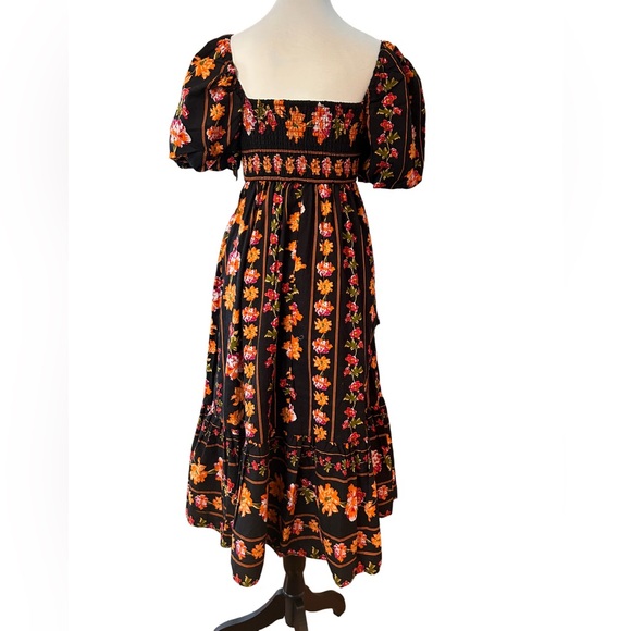 Japna NWT Black Floral Puff Sleeve Midi Dress Size Small Cottagecore Romantic - Picture 2 of 11